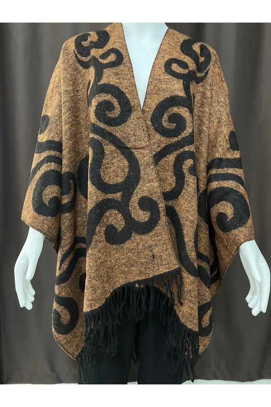 Turuncu Çift Taraflı Yünlü Desenli Kadın Panço