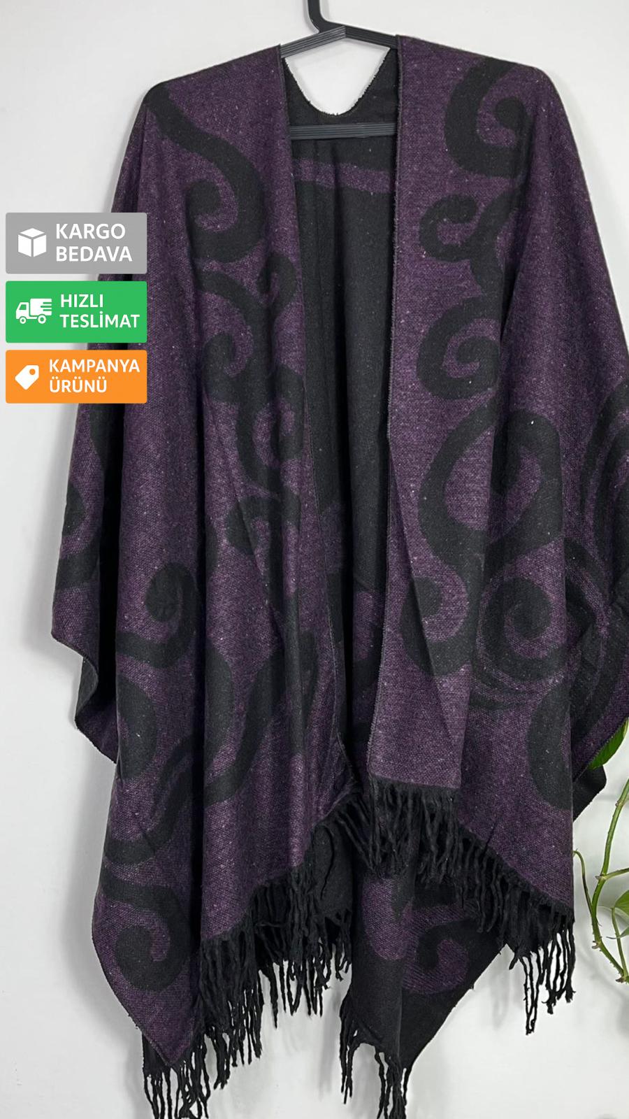 Mor Çift Taraflı Yünlü Desenli Kadın Panço