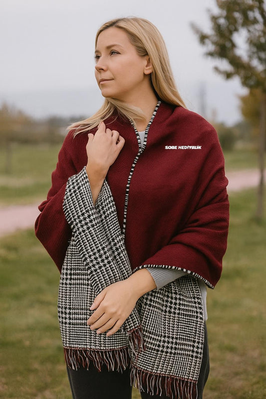 Kışlık Yünlü Çift Taraflı Ekose Şal - Bordo