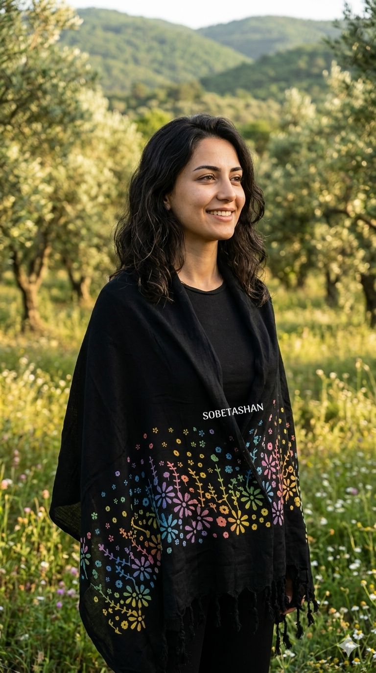 Siyah Zarif Desenli Şal - Batik