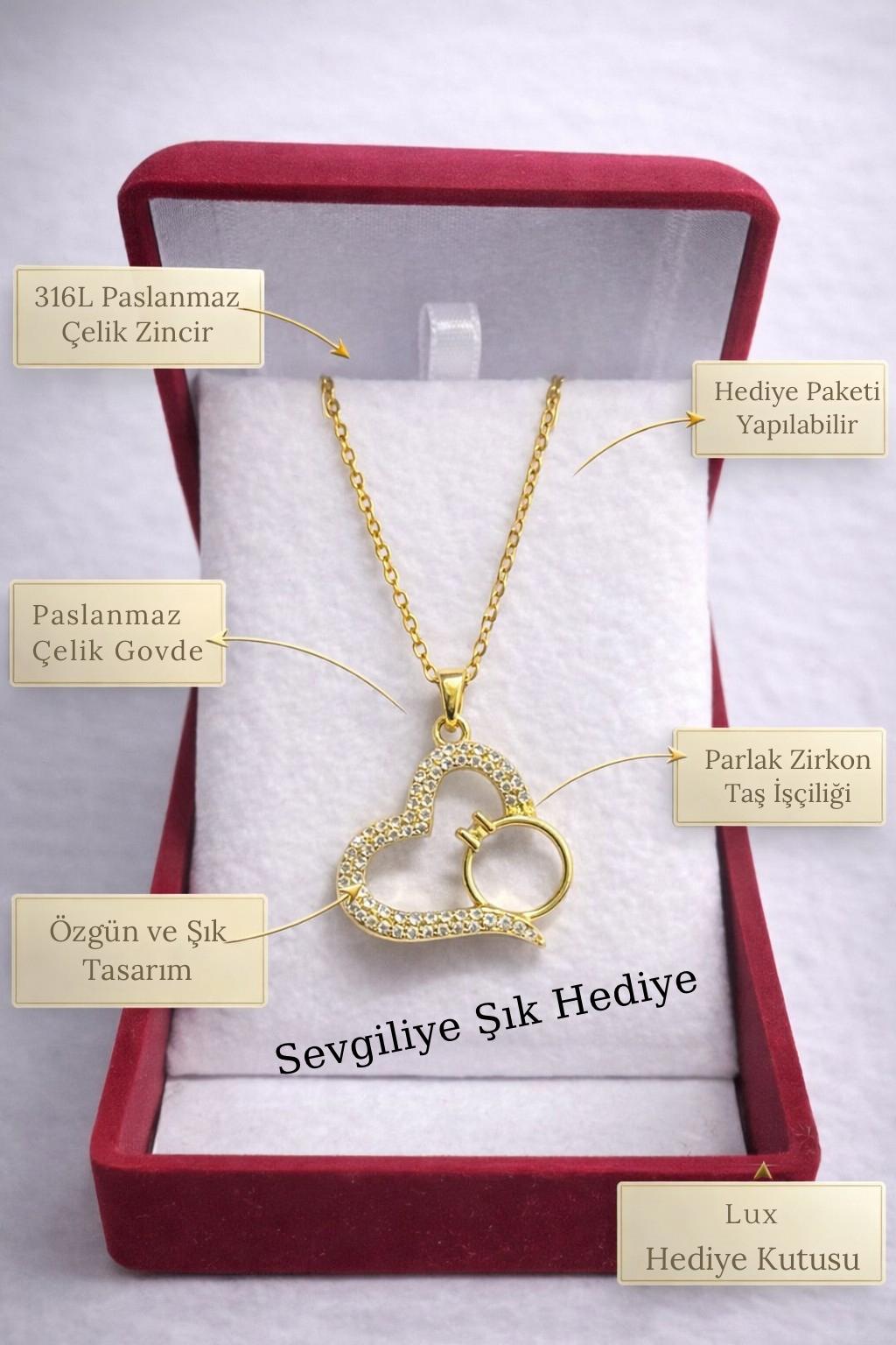 Kalp ve Yüzük Figürlü Kolye – Kadife Kutulu Kadın Kolye