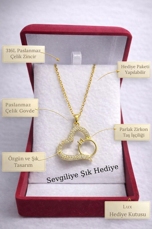 Kalp ve Yüzük Figürlü Kolye – Kadife Kutulu Kadın Kolye