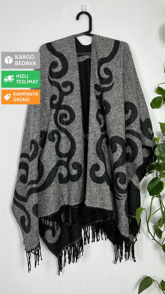 Çift Taraflı Yünlü Kadın Panço