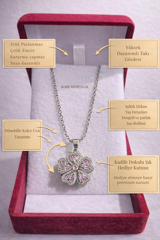 Dönebilir Çiçek Kolye –  Kadife Hediye Kutulu