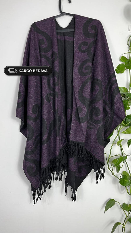 Mor Çift Taraflı Yünlü Desenli Kadın Panço