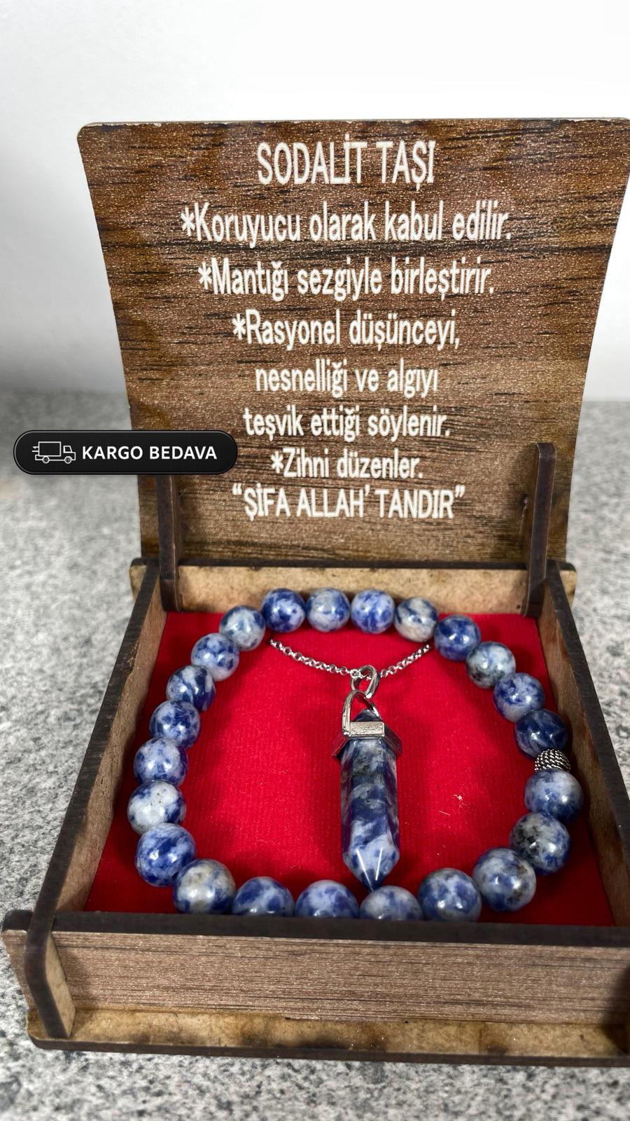 Sodalit Doğal Taş Kolye & Bileklik Seti – Özel Ahşap Kutulu