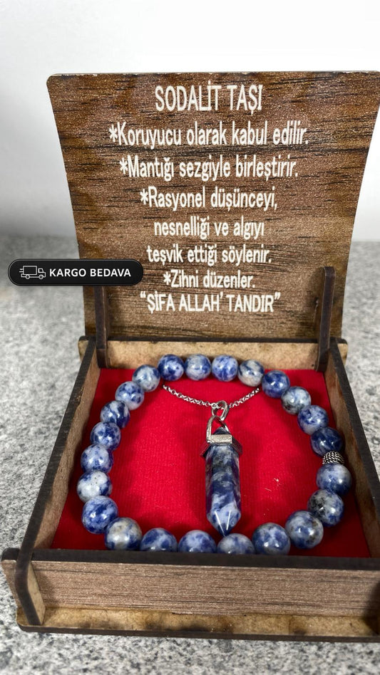 Sodalit Doğal Taş Kolye & Bileklik Seti – Özel Ahşap Kutulu