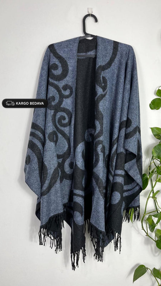 Indigo Mavi Çift Taraflı Yünlü Desenli Kadın Panço