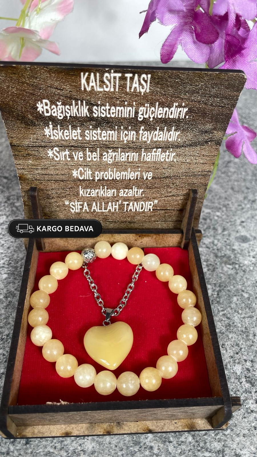 Kalsit Taşı Kolye & Bileklik Seti – Özel Ahşap Kutulu