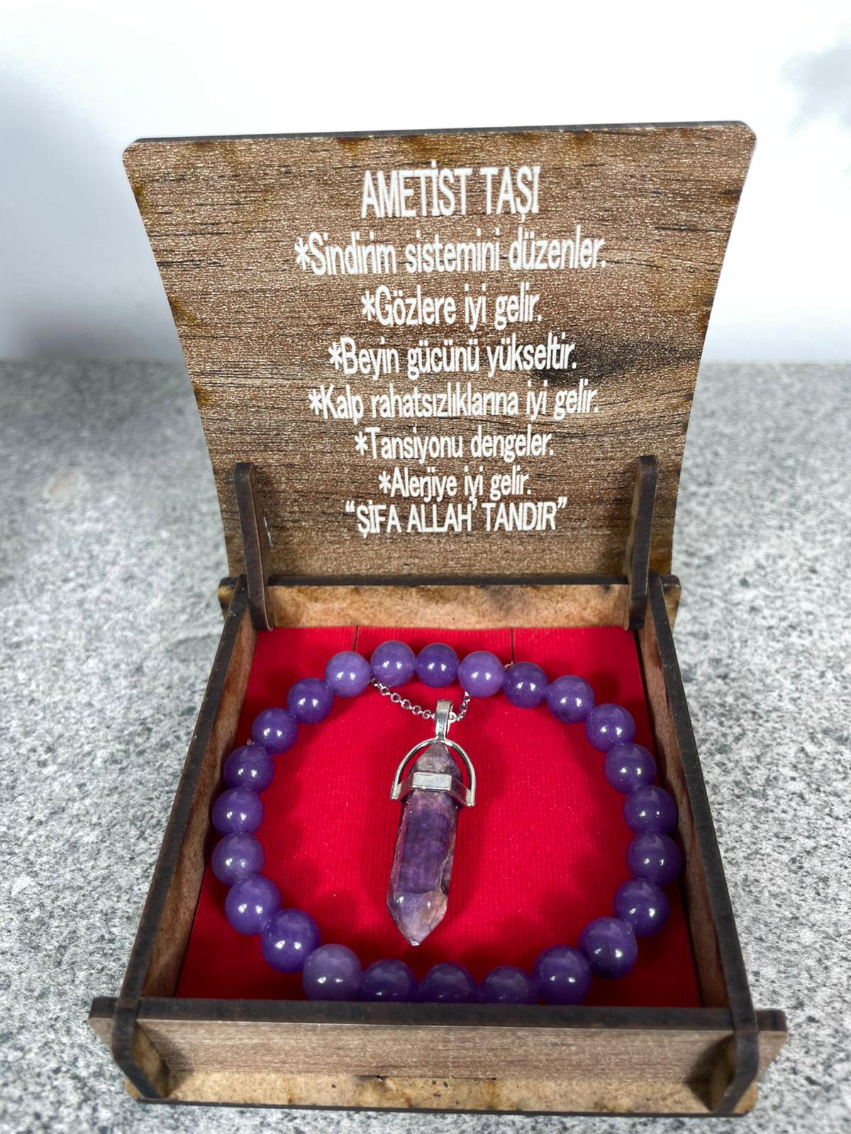 Ametist Doğal Taş Kolye & Bileklik Seti – Özel Ahşap Kutulu