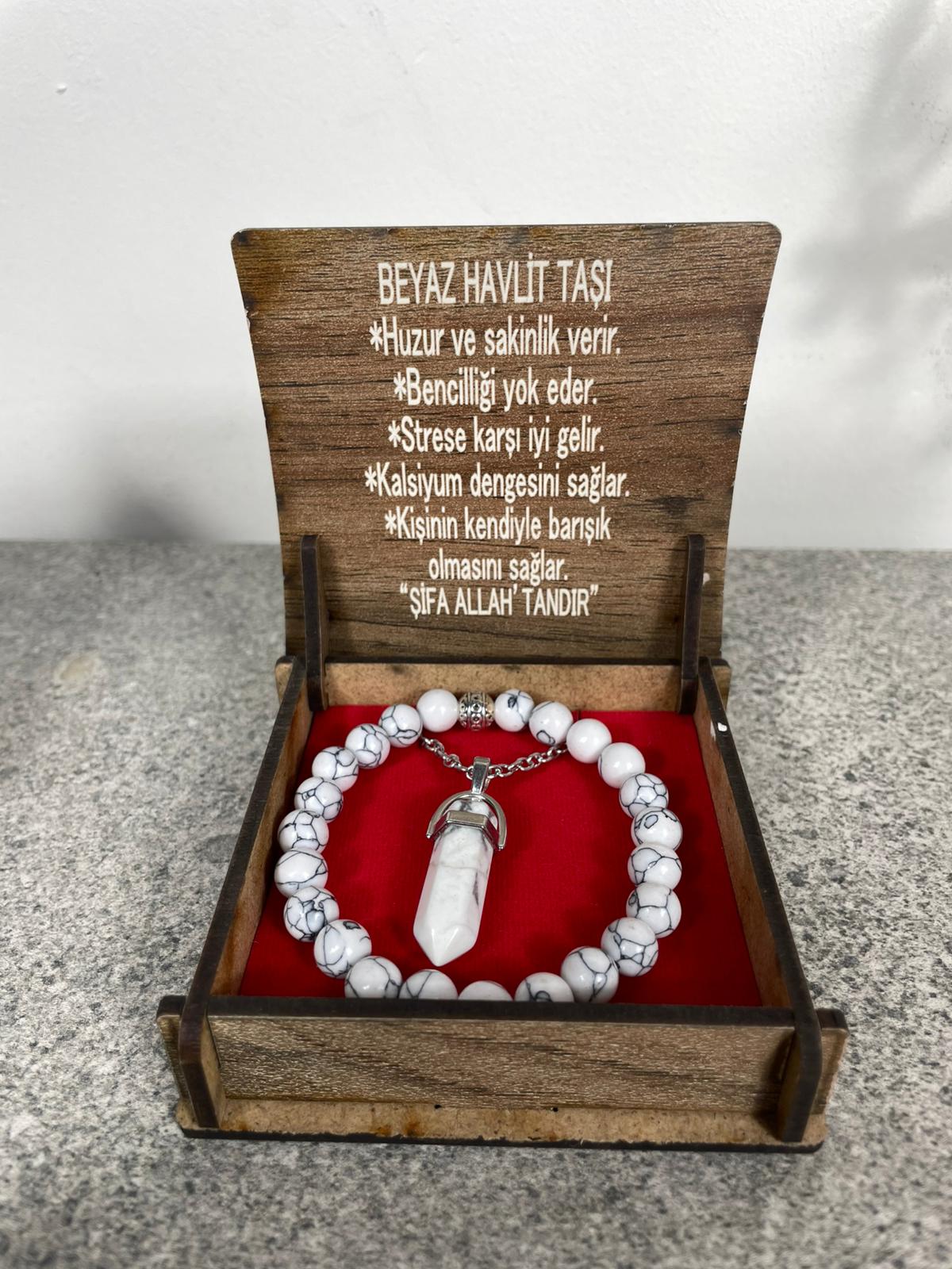 Beyaz Havlit Doğal Taş Kolye & Bileklik Seti – Özel Ahşap Kutulu