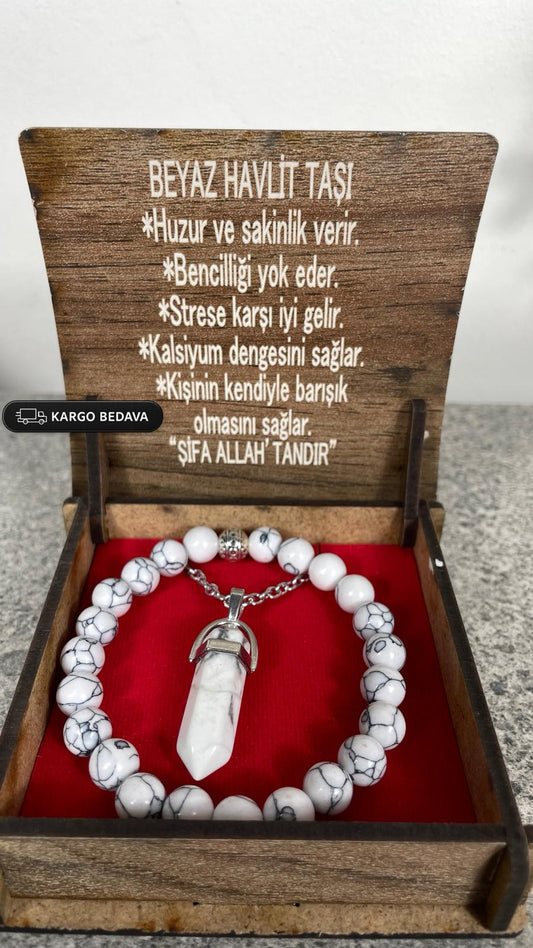 Beyaz Havlit Doğal Taş Kolye & Bileklik Seti – Özel Ahşap Kutulu