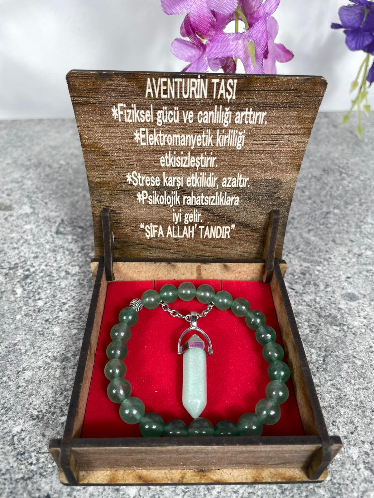 Aventurin Doğal Taş Kolye & Bileklik Seti – Özel Ahşap Kutulu