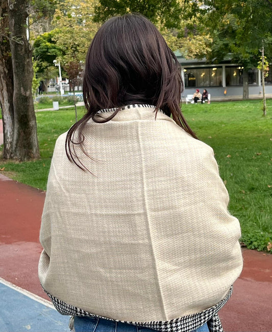 Kışlık Yünlü Çift Taraflı Ekose Şal - Krem