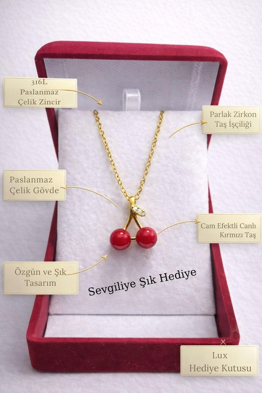 Kiraz Figürlü Kolye - Zirkon Detaylı, Kadife Kutulu Kadın Kolye