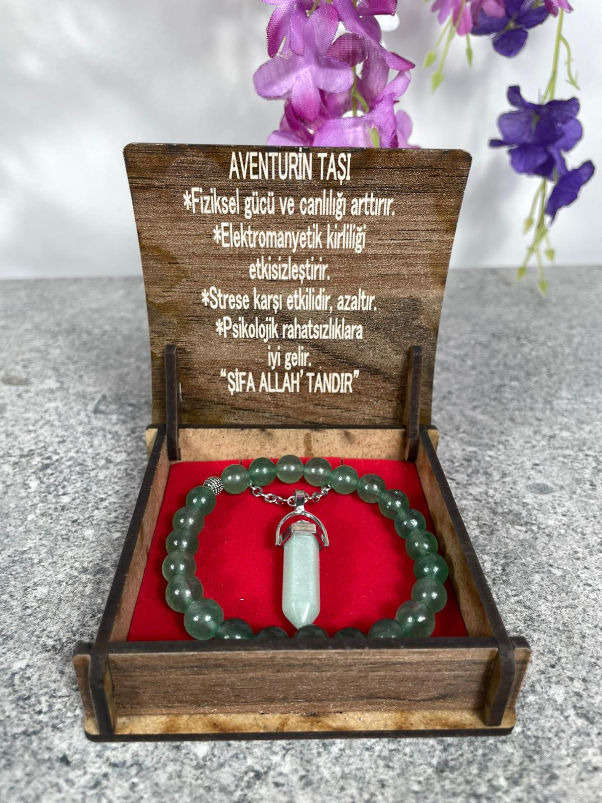 Aventurin Doğal Taş Kolye & Bileklik Seti – Özel Ahşap Kutulu