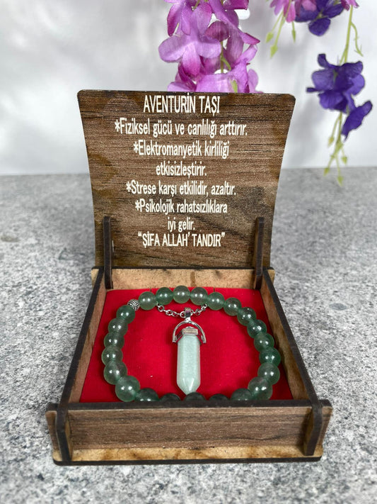 Aventurin Doğal Taş Kolye & Bileklik Seti – Özel Ahşap Kutulu