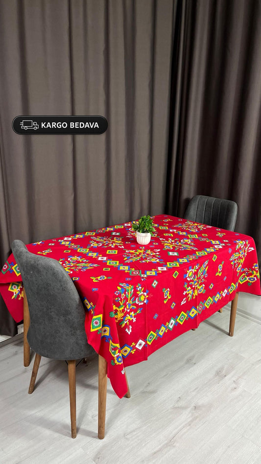 Yöresel Çiçek Desenli 170x170 Kare Masa Örtüsü - Kırmızı