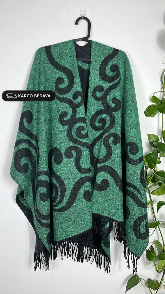 Yeşil Çift Taraflı Yünlü Kadın Panço