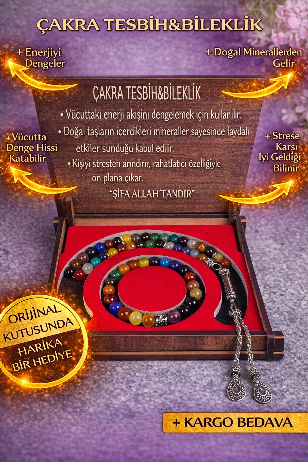 Çakra Taşı Tesbih & Bileklik Seti - Şık Ahşap Kutulu