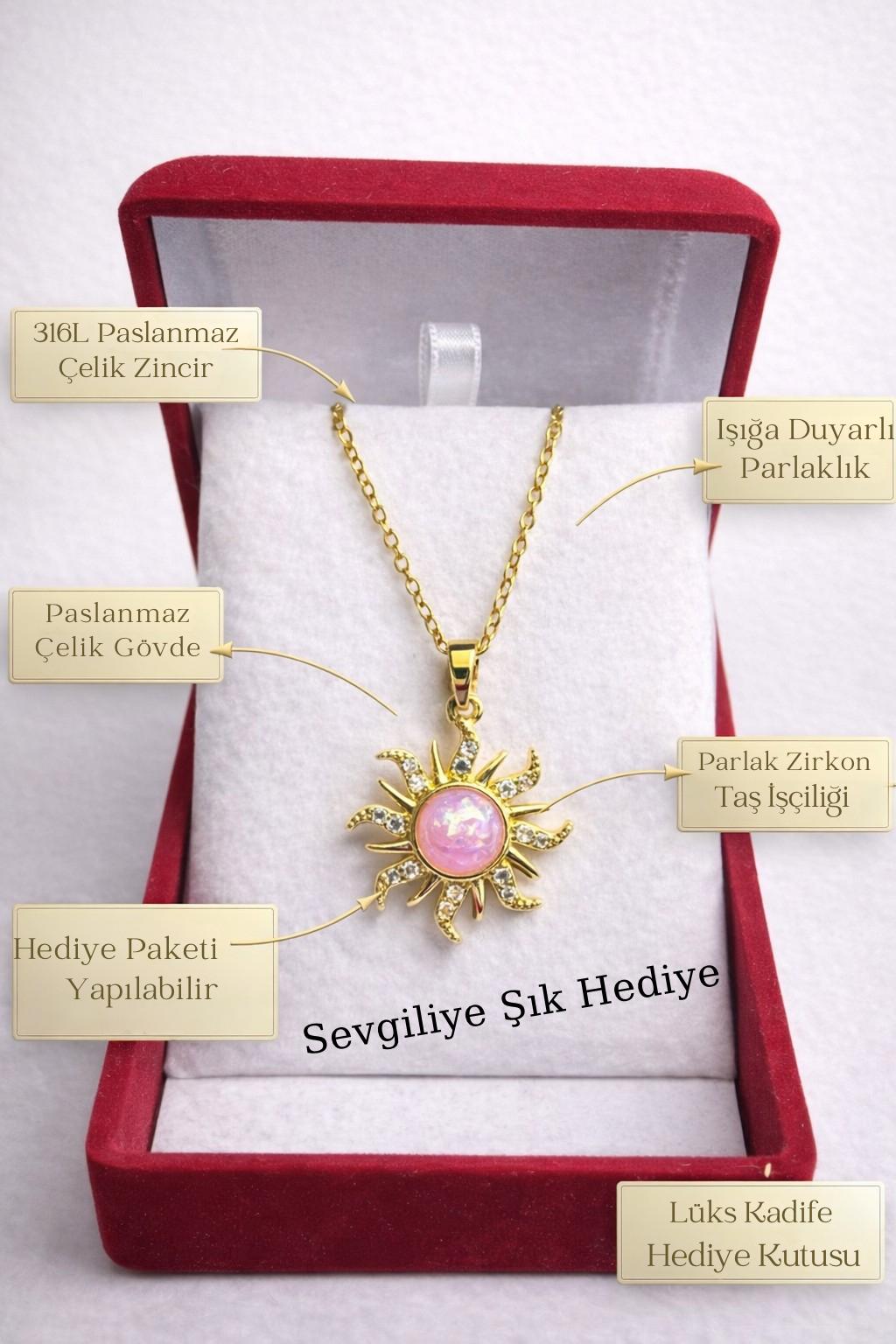 Güneş Figürlü Kolye –  Kadife Kutulu Kadın Kolye