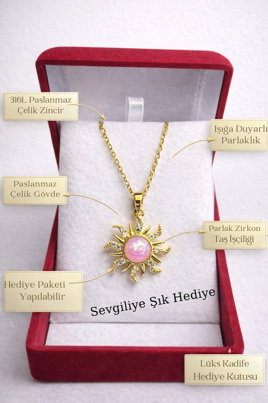 Güneş Figürlü Kolye –  Kadife Kutulu Kadın Kolye