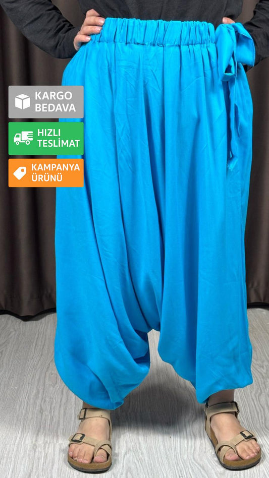 Turkuaz Bağlamalı Salaş Şalvar – Rahat Kesim Yazlık Pantolon