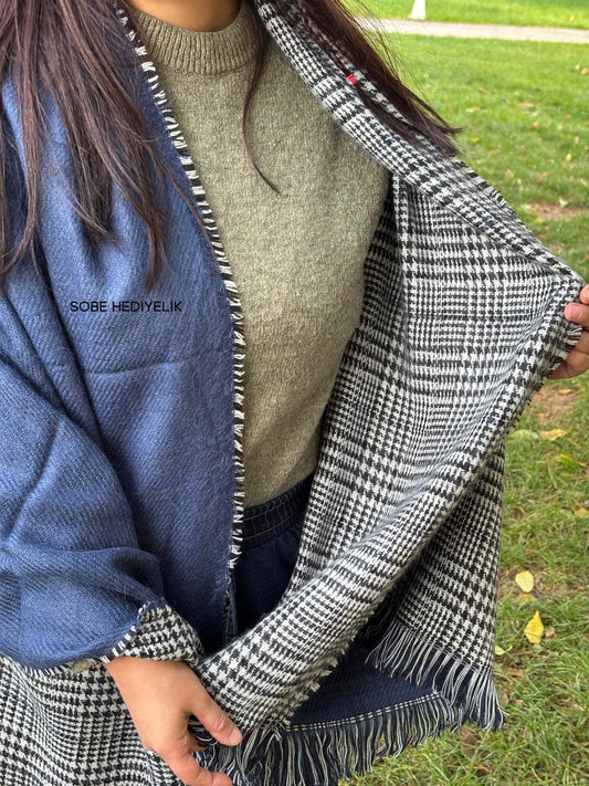 Kışlık Yünlü Çift Taraflı Ekose Şal - Mavi