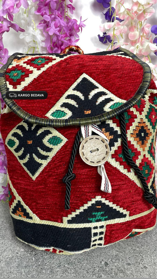 Kırmızı Etnik Dokuma Otantik Sırt Çantası