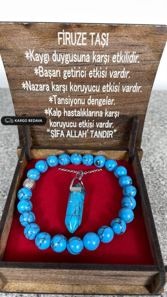 Firuze Taşı Kolye & Bileklik Seti – Özel Ahşap Kutulu