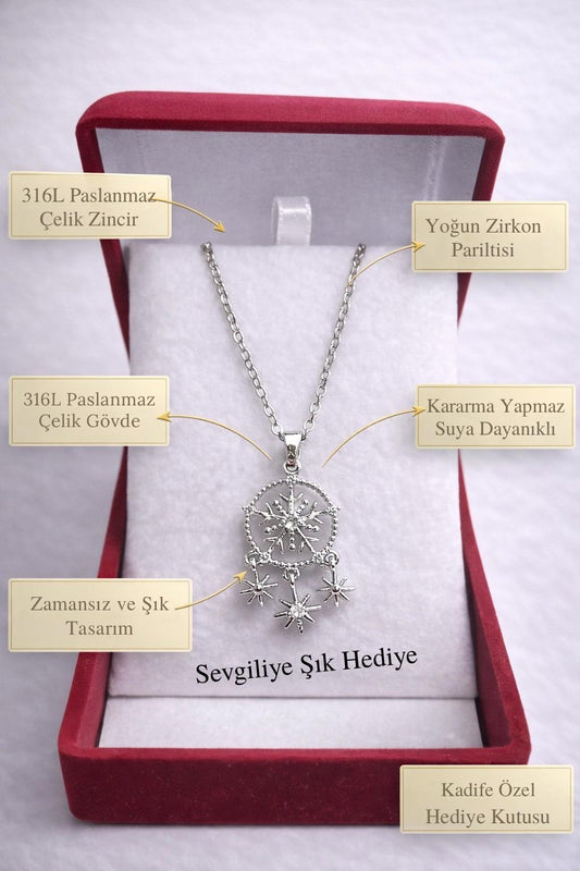 Kar Tanesi Figürlü Kolye – Zirkon Taşlı, Kadife Kutulu Kadın Kolye