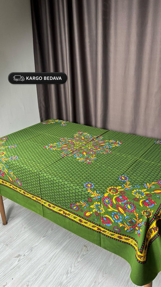 Etnik Desenli Yeşil Kare Masa Örtüsü – Pamuklu 170×170 cm