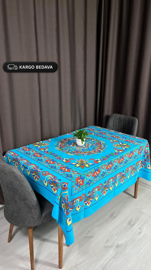 Turkuaz Etnik Desenli 170x170 Kare Masa Örtüsü
