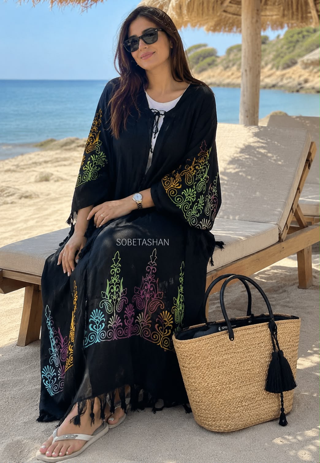 Siyah Etnik Desenli Kaftan Kimono