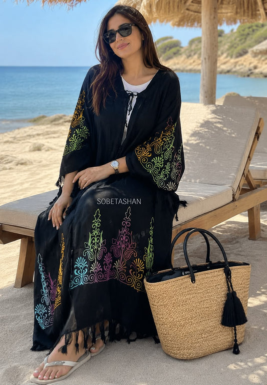 Siyah Etnik Desenli Kaftan Kimono