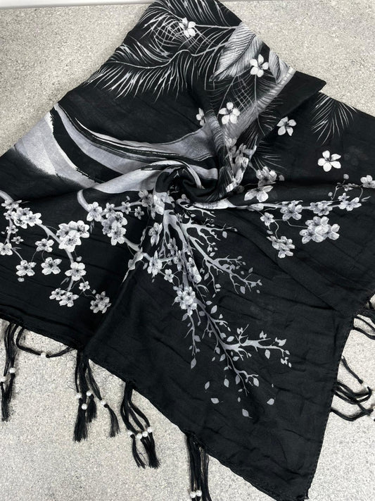 Siyah Gri Çiçek Desenli Pamuklu Yazma