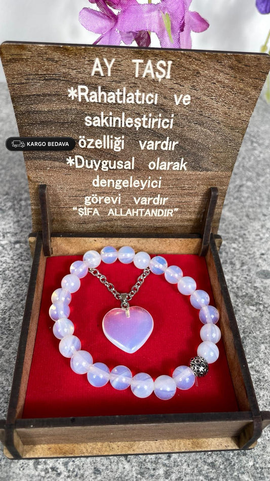 Ay Taşı Doğal Taş Kolye & Bileklik Seti - Özel Ahşap Kutulu