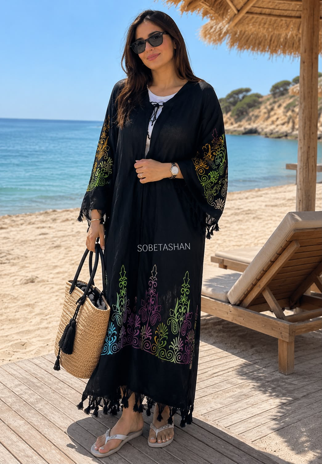 Siyah Etnik Desenli Kaftan Kimono