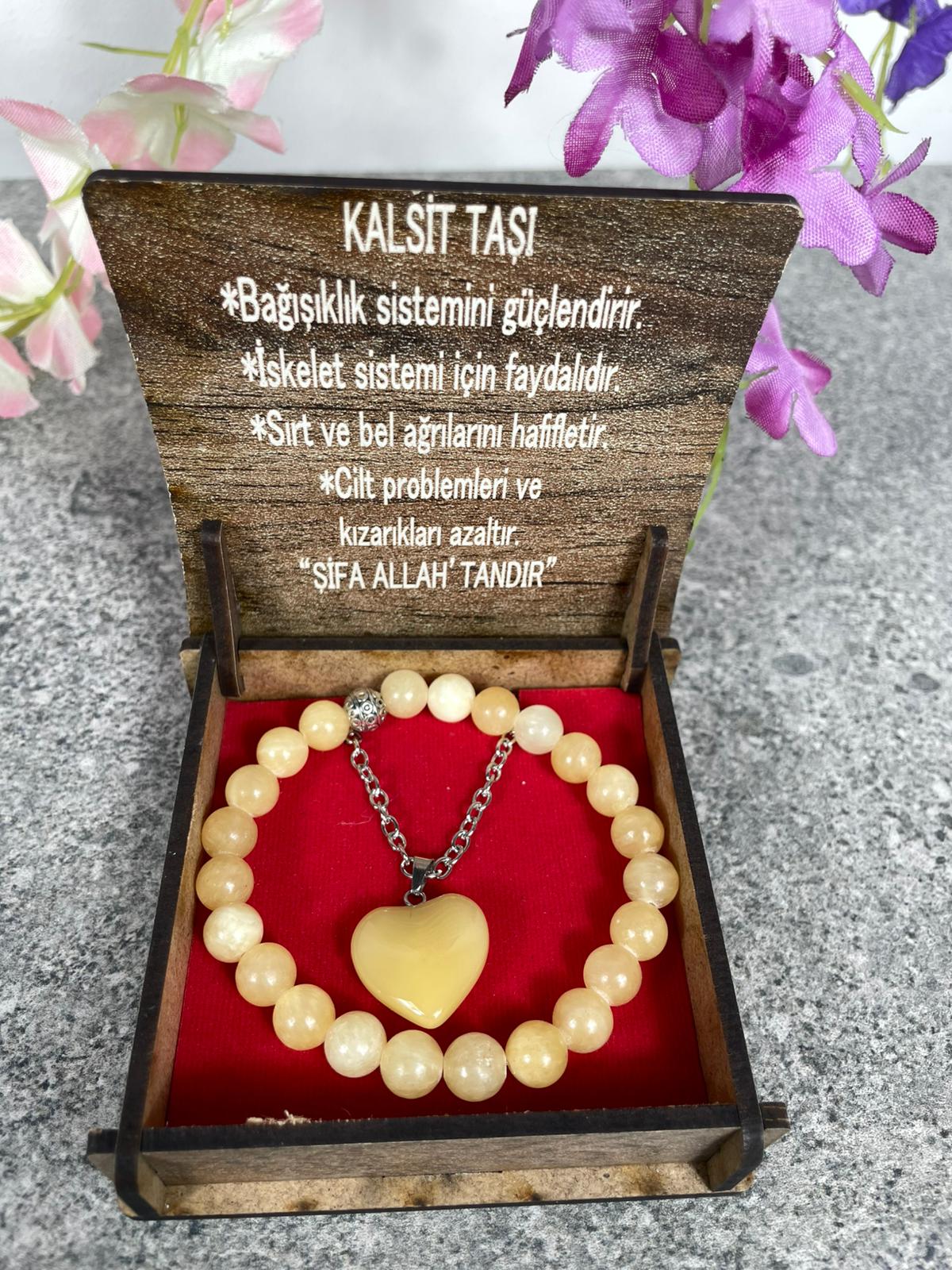 Kalsit Taşı Doğal Kolye & Bileklik Seti – Özel Ahşap Kutulu