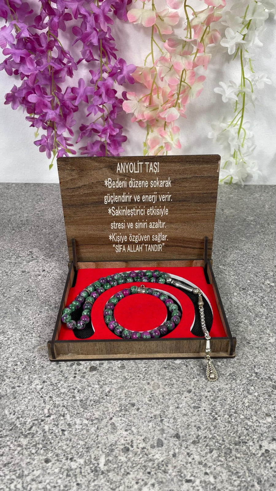 Anyolit Taşı Tesbih & Bileklik Seti - Şık Ahşap Kutulu