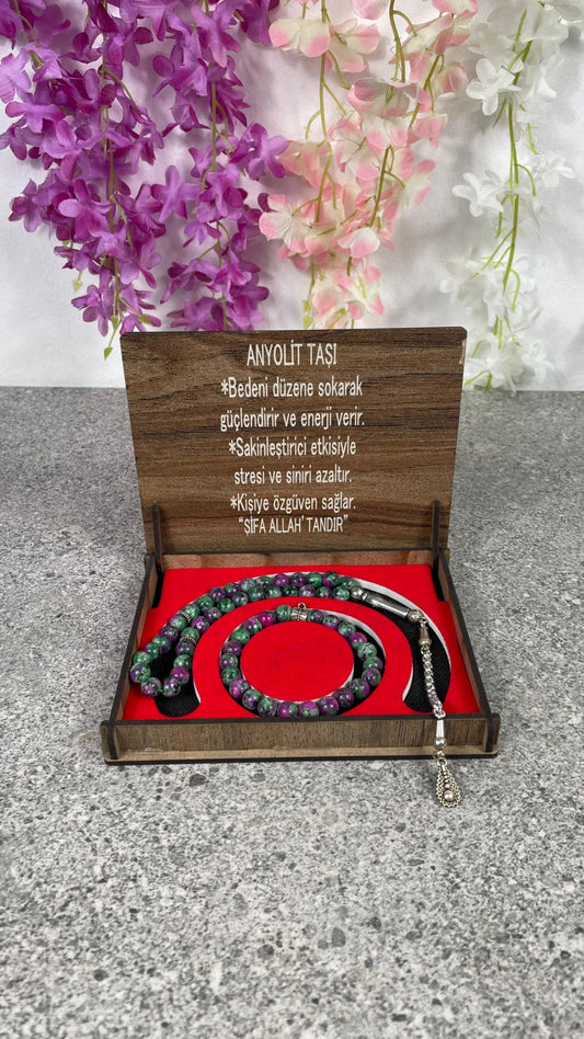 Anyolit Taşı Tesbih & Bileklik Seti - Şık Ahşap Kutulu