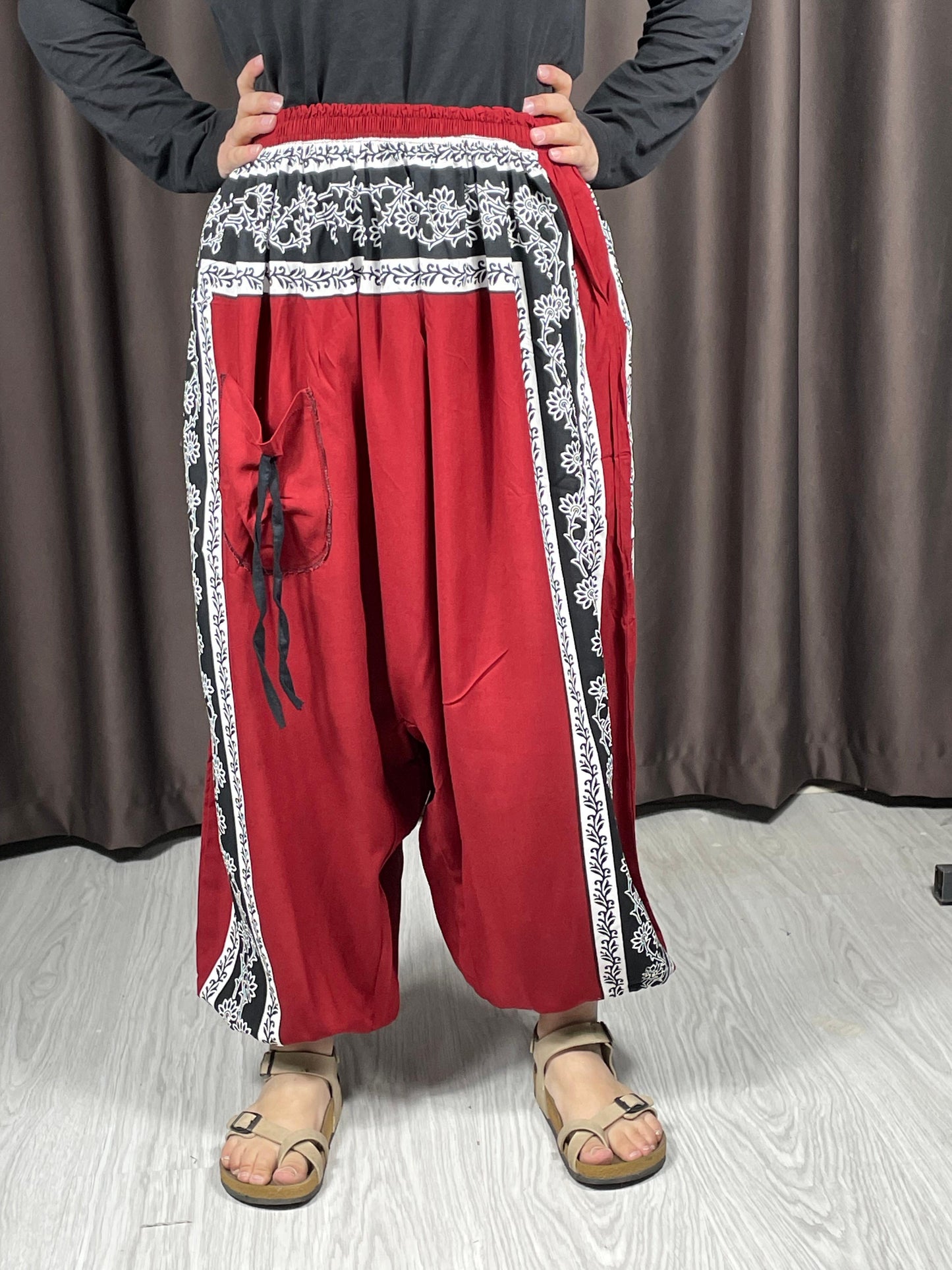 Bordo Etnik Desenli Rahat Kesim Şalvar