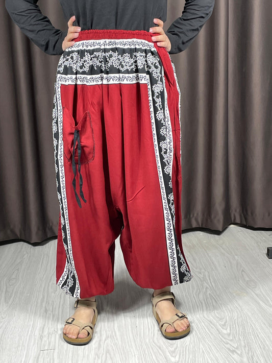 Bordo Etnik Desenli Rahat Kesim Şalvar