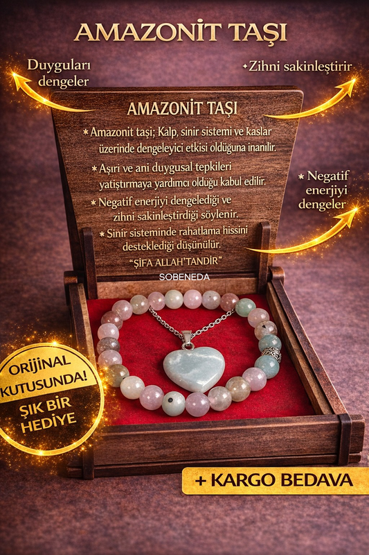 Amazonit Taşı Kolye & Bileklik Seti – Özel Ahşap Kutulu