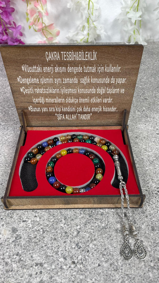 Çakra Taşı Tesbih & Bileklik Seti - Şık Ahşap Kutulu