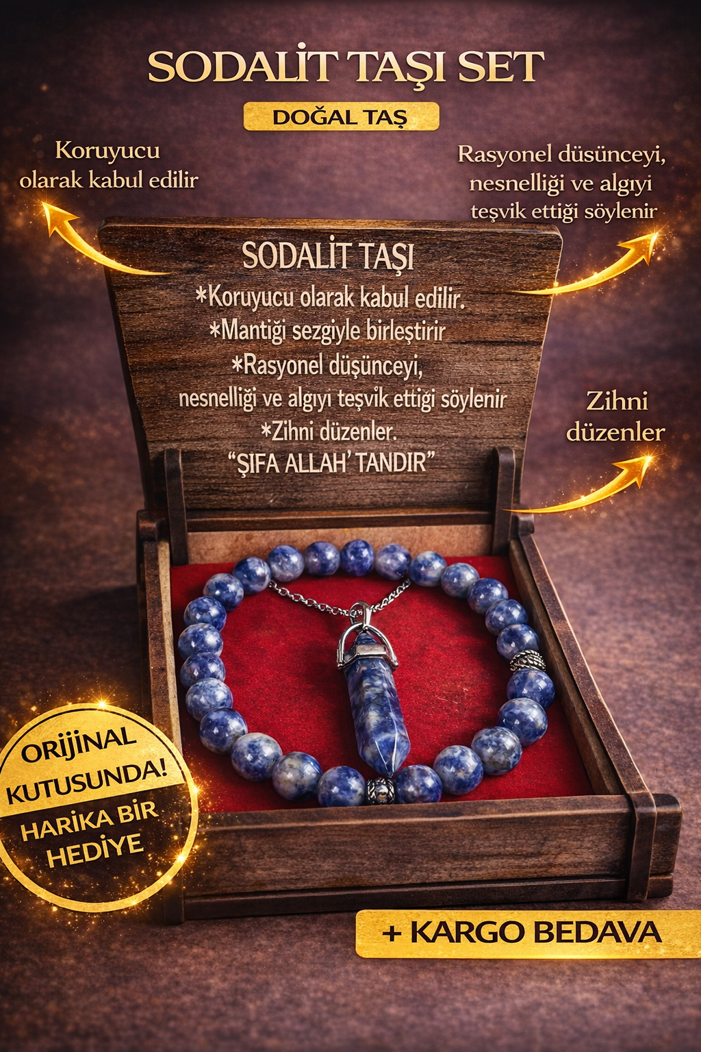 Sodalit Doğal Taş Kolye & Bileklik Seti – Özel Ahşap Kutulu