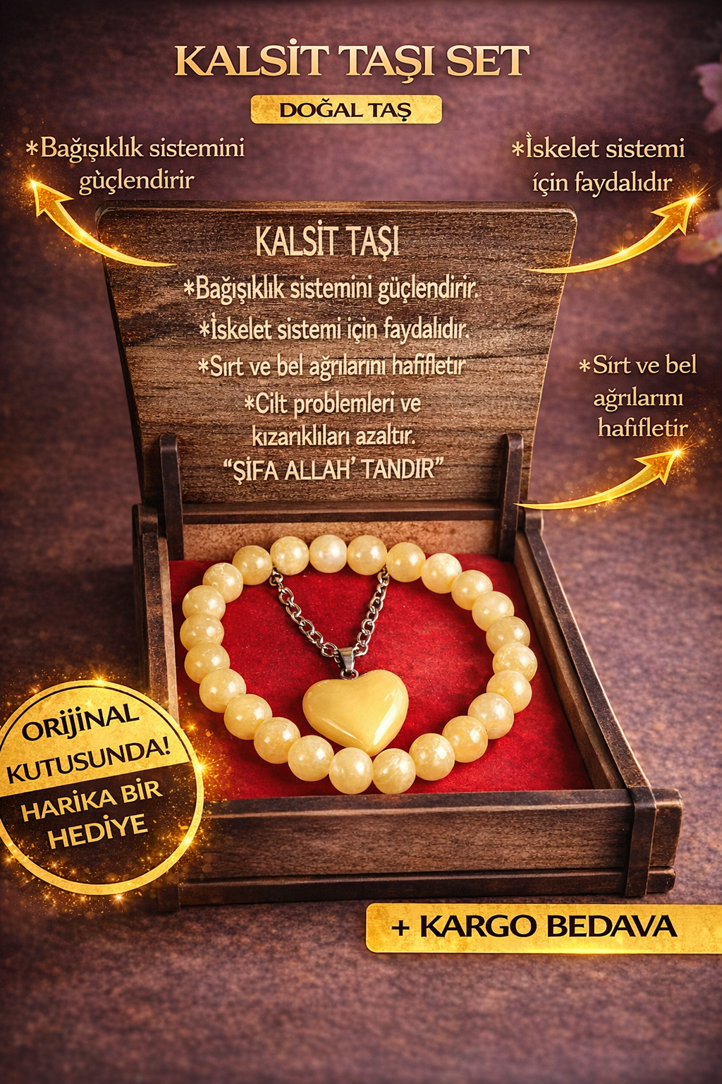 Kalsit Taşı Kolye & Bileklik Seti – Özel Ahşap Kutulu