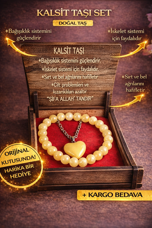Kalsit Taşı Kolye & Bileklik Seti – Özel Ahşap Kutulu