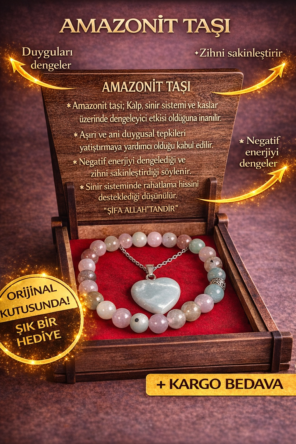 Amazonit Taşı Kolye & Bileklik Seti – Özel Ahşap Kutulu