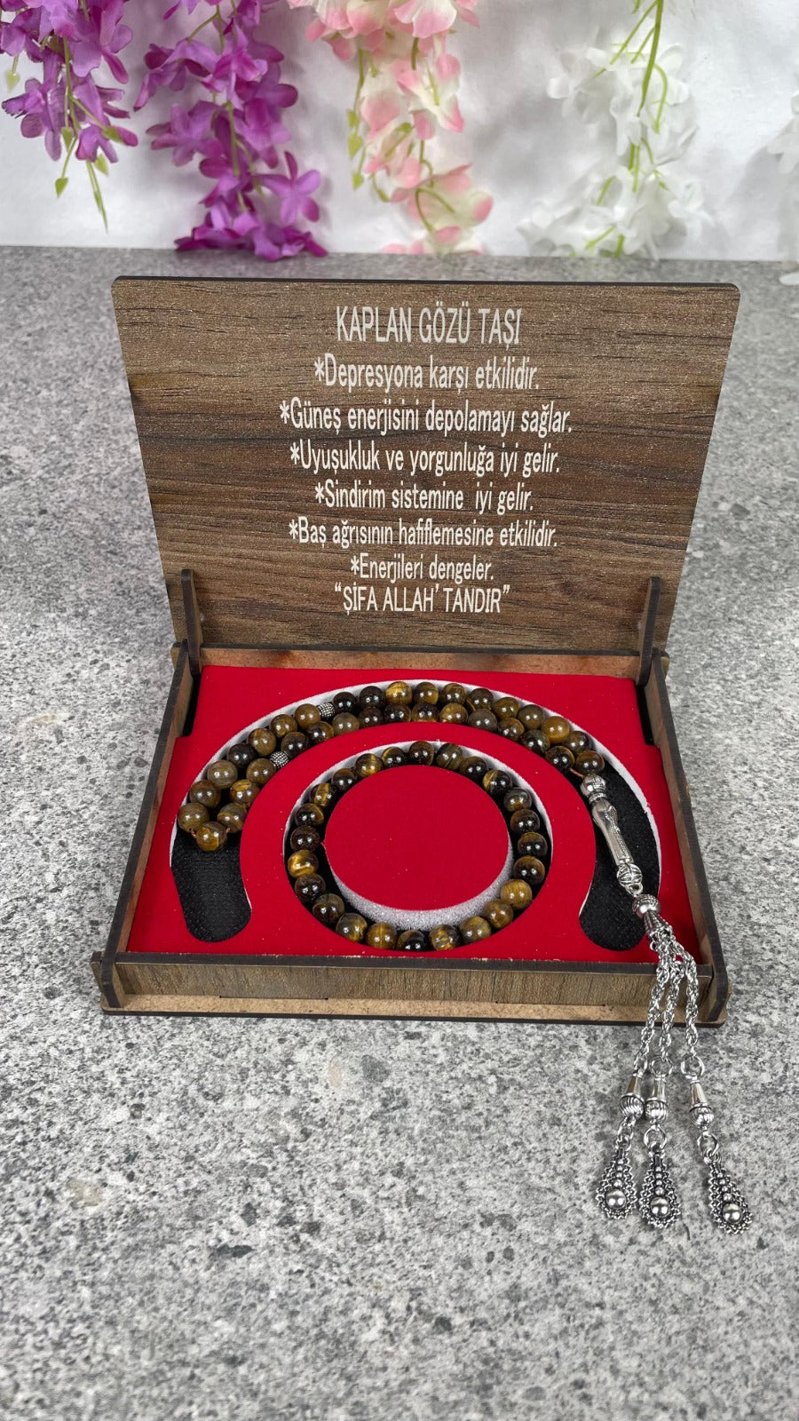 Kaplan Gözü Taşı Taşı Tesbih & Bileklik Seti - Şık Ahşap Kutulu
